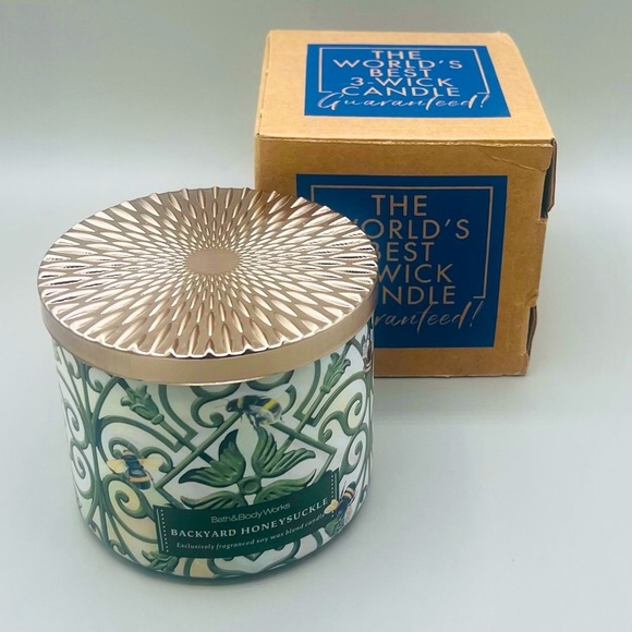 Bath & Body Works 🐝 Backyard Honeysuckle 🐝 3 Wick Candle 14.5 oz ~ New In Box - Picture 5 of 8